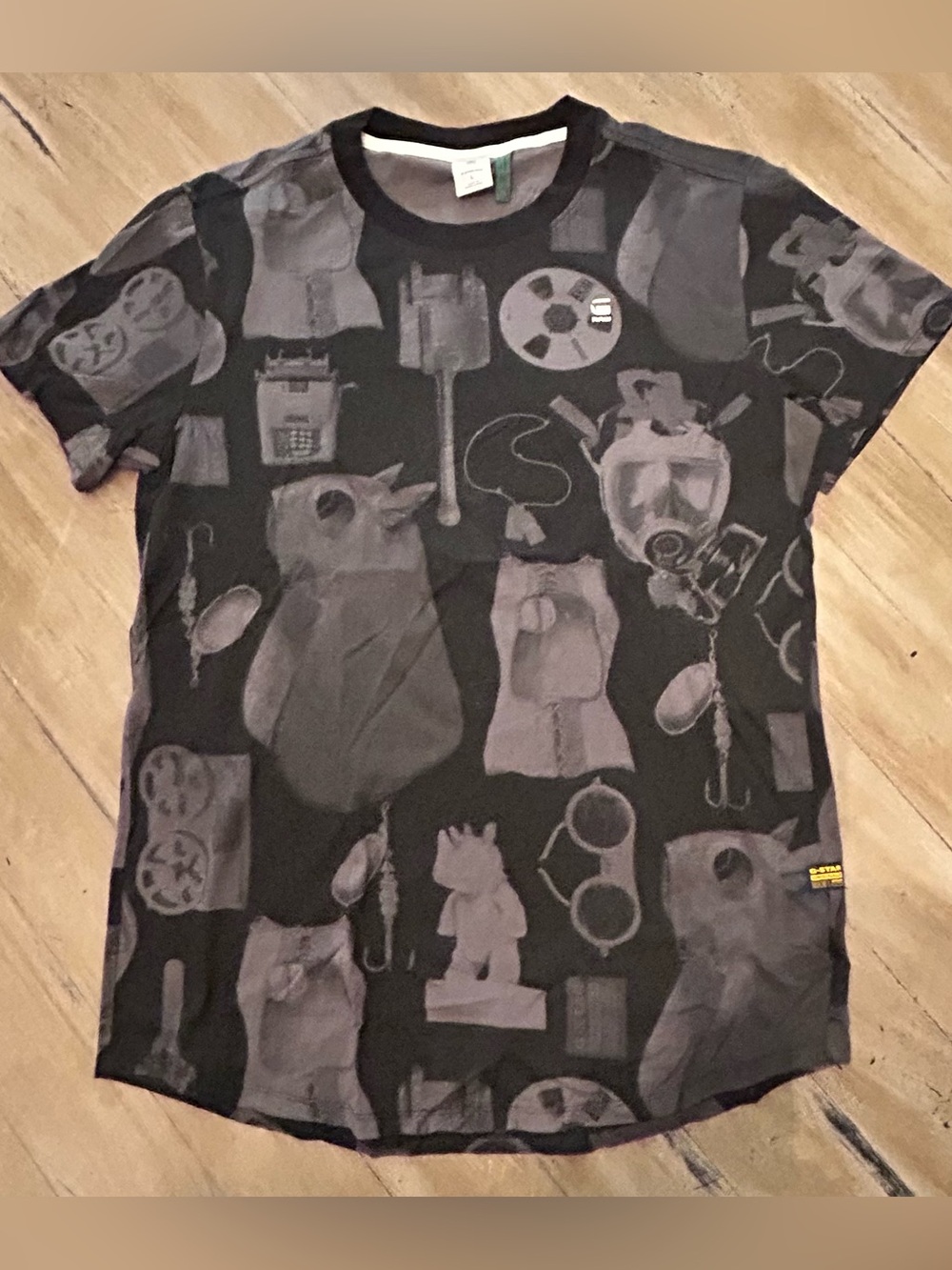 G-Star Black Tee with Gray Graphic and Yellow Logo